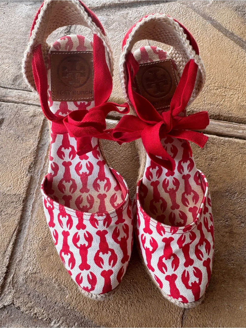 Tory Burch Lobster Print Wedge Wrap Espadrilles Ankle Tie Canvas EU 35 US 5